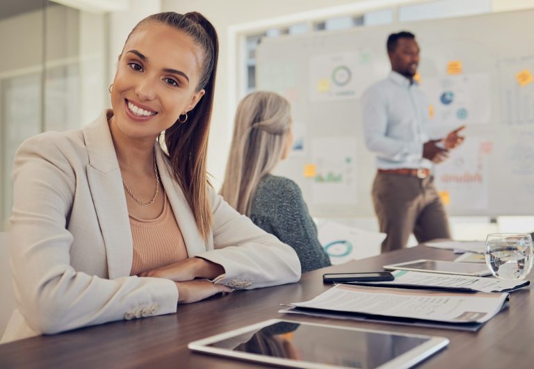 Business meeting, portrait and woman in marketing agency, company presentation and management plann